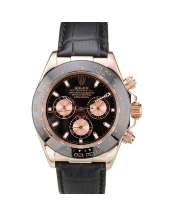 Rolex Daytona Rose Gold Case Black Dial Black Leather Strap